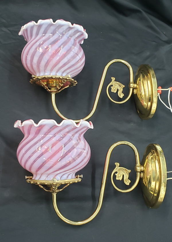 Pair of Art Nouveau Brass Sconces with Ruffled Art Glass Shades GA9821