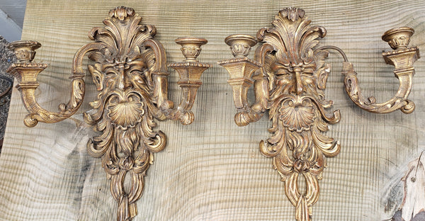 Pair of Large 1800's Hand Carved Mystical Gothic Double Candle Sconces GA9866