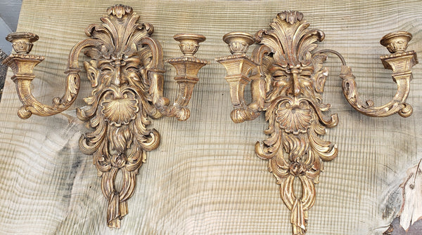 Pair of Large 1800's Hand Carved Mystical Gothic Double Candle Sconces GA9866