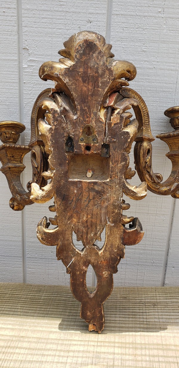 Pair of Large 1800's Hand Carved Mystical Gothic Double Candle Sconces GA9866