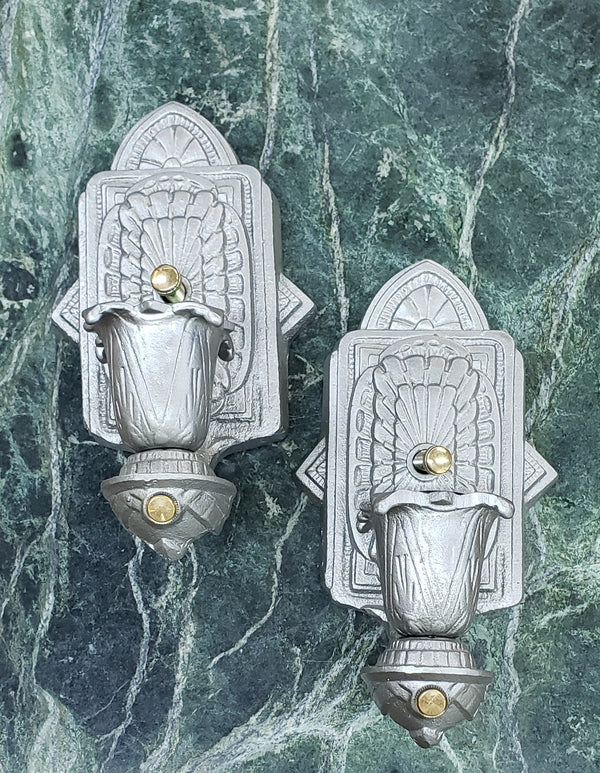 Pair of Completely Restored Art Deco Cast Iron Sconces 9 1/2" x 4 3/4" GA9867