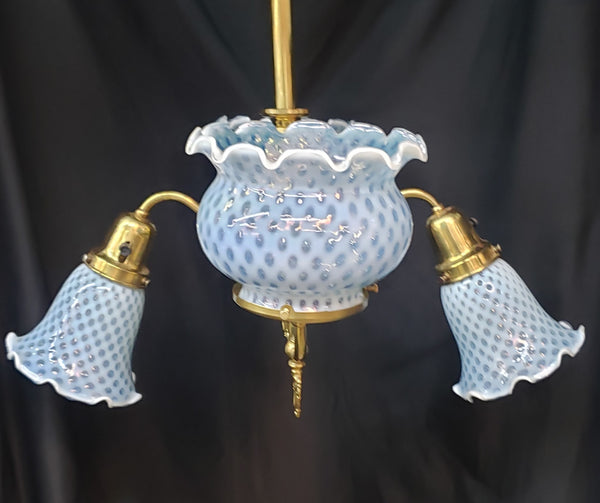 Ornate Fenton Blue & White Ruffled Coin Dot 4 Light Chandelier 24" x 37" GA516