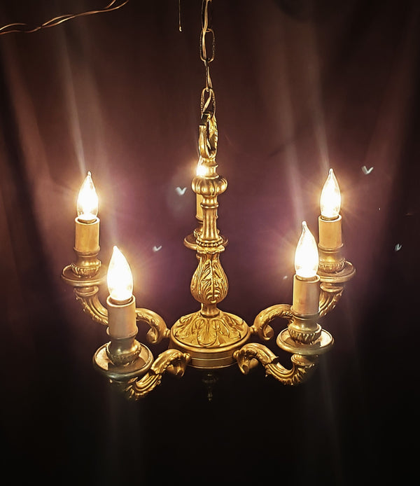 Ornate 5 Light Brass Art Nouveau Chandelier 22" x 19" GA506