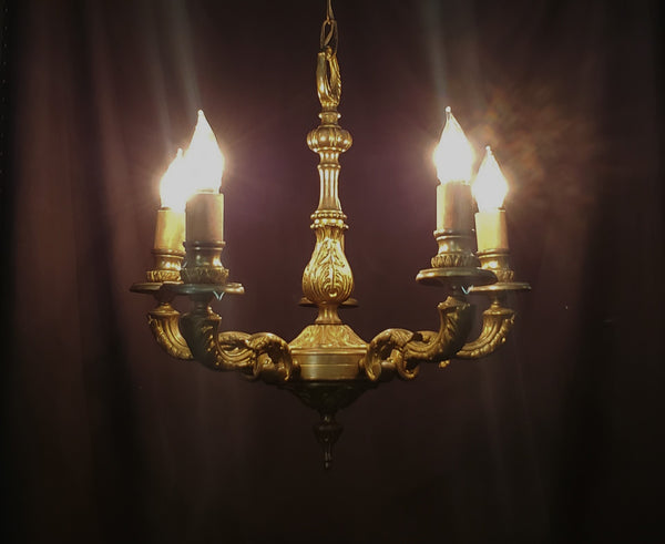 Ornate 5 Light Brass Art Nouveau Chandelier 22" x 19" GA506