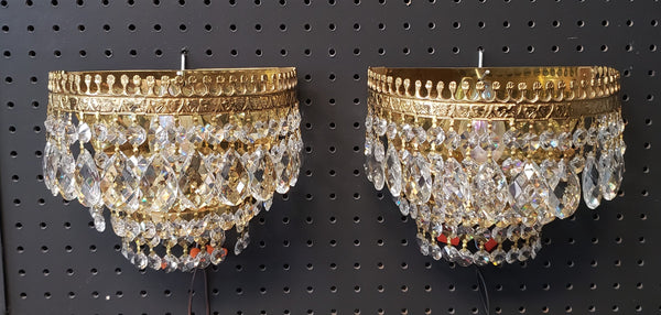 Pair of Ornate 3 Tiered Faceted Crystal Prism & Brass Sconces 9" W x 7" T GA9886