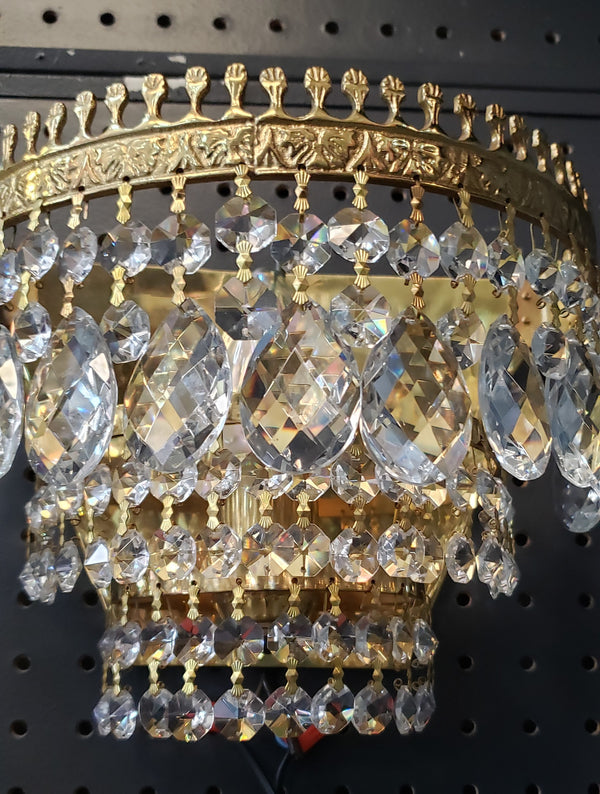 Pair of Ornate 3 Tiered Faceted Crystal Prism & Brass Sconces 9" W x 7" T GA9886