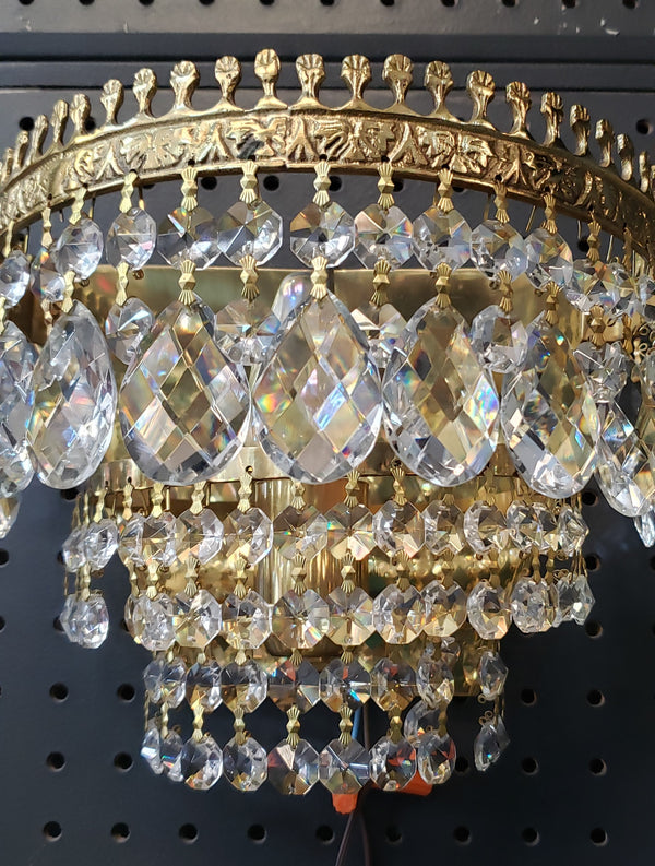 Pair of Ornate 3 Tiered Faceted Crystal Prism & Brass Sconces 9" W x 7" T GA9886