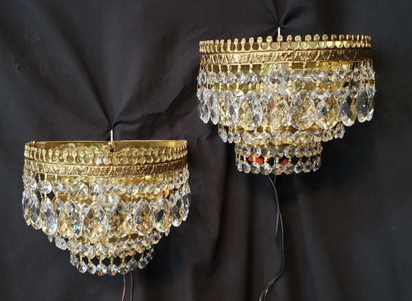 Pair of Ornate 3 Tiered Faceted Crystal Prism & Brass Sconces 9" W x 7" T GA9886