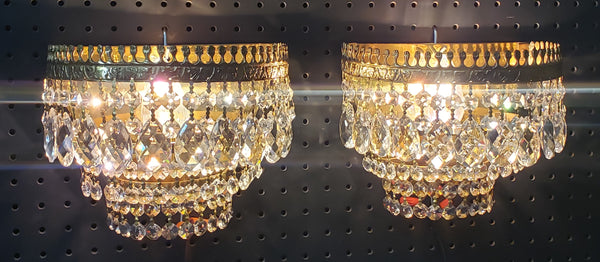 Pair of Ornate 3 Tiered Faceted Crystal Prism & Brass Sconces 9" W x 7" T GA9886