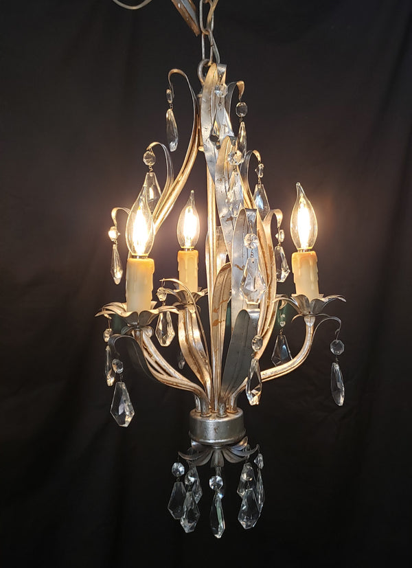 1960's Italian Silver Tole Chandelier with Faceted Prisms 28" T x 13" W GS00016