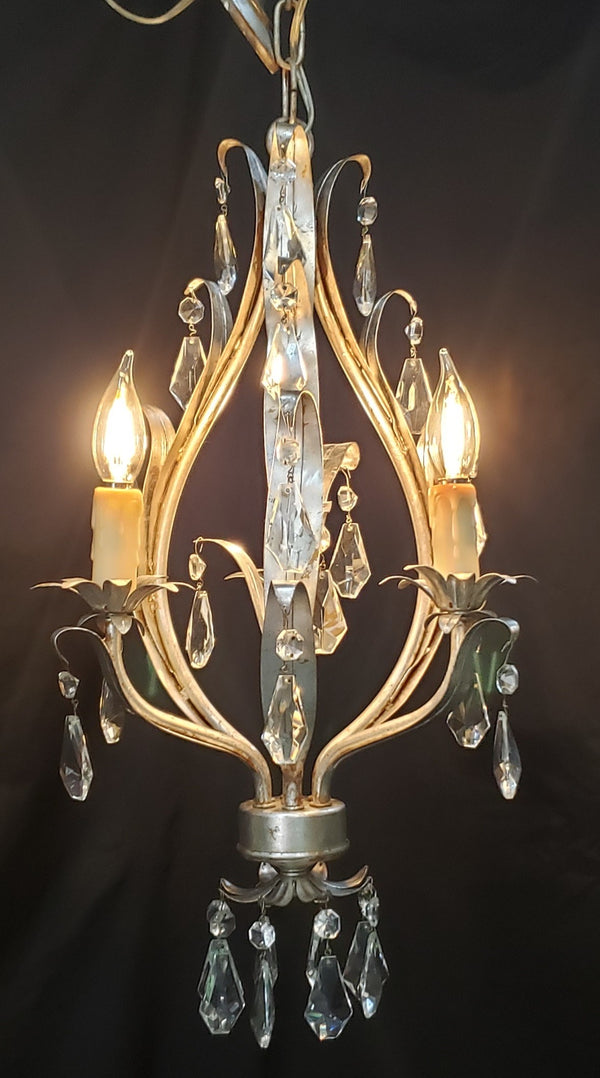 1960's Italian Silver Tole Chandelier with Faceted Prisms 28" T x 13" W GS00016