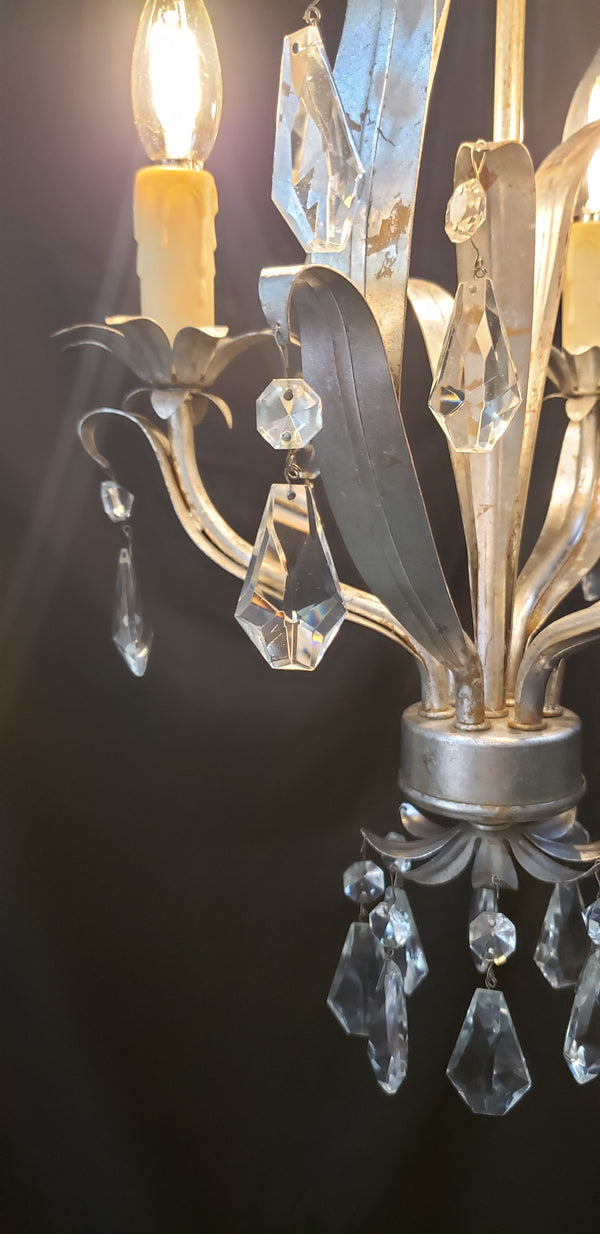 1960's Italian Silver Tole Chandelier with Faceted Prisms 28" T x 13" W GS00016