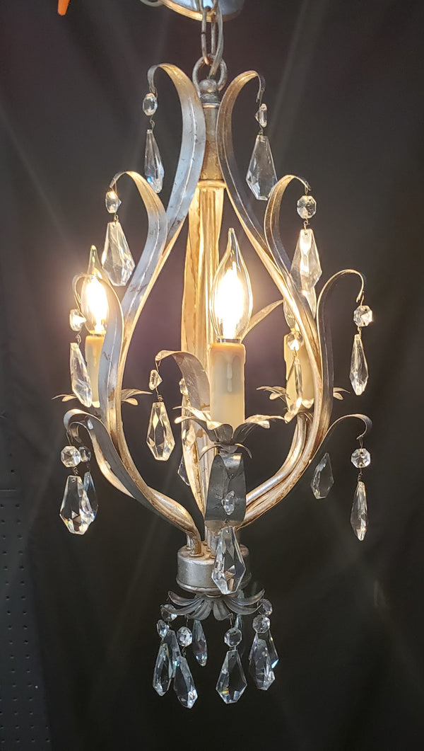 1960's Italian Silver Tole Chandelier with Faceted Prisms 28" T x 13" W GS00016