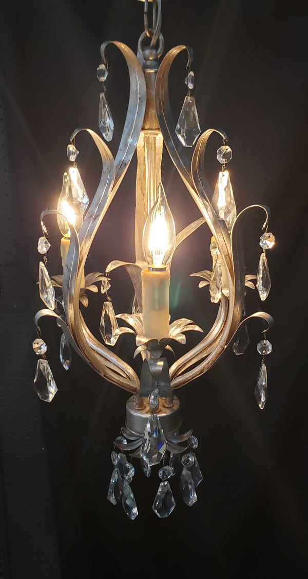 1960's Italian Silver Tole Chandelier with Faceted Prisms 28" T x 13" W GS00016