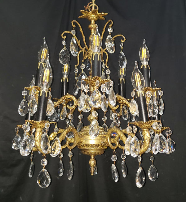 Ornate Brass 10 Light Chandelier with Crystal Prisms 22" x 24" GA4324