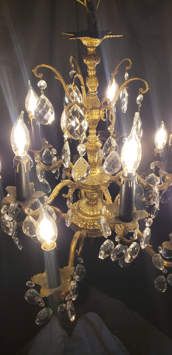 Ornate Brass 10 Light Chandelier with Crystal Prisms 22" x 24" GA4324