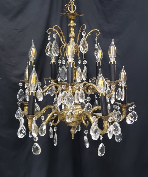 Ornate Brass 10 Light Chandelier with Crystal Prisms 22" x 24" GA4324