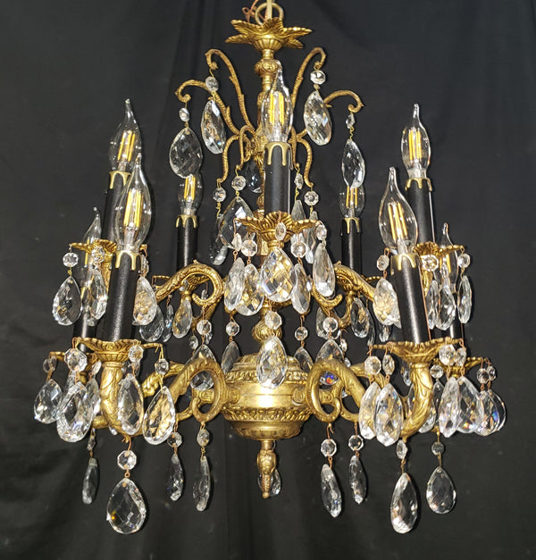 Ornate Brass 10 Light Chandelier with Crystal Prisms 22" x 24" GA4324