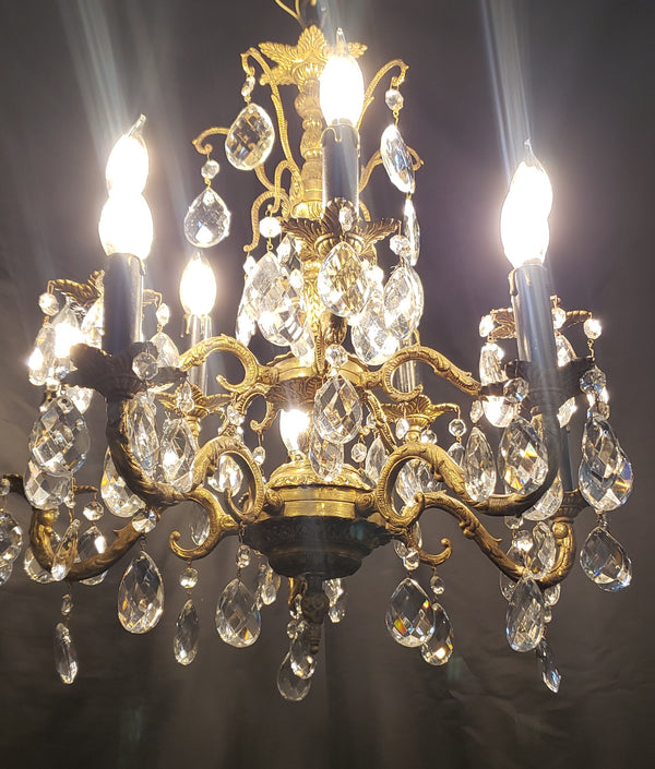 Ornate Brass 10 Light Chandelier with Crystal Prisms 22" x 24" GA4324