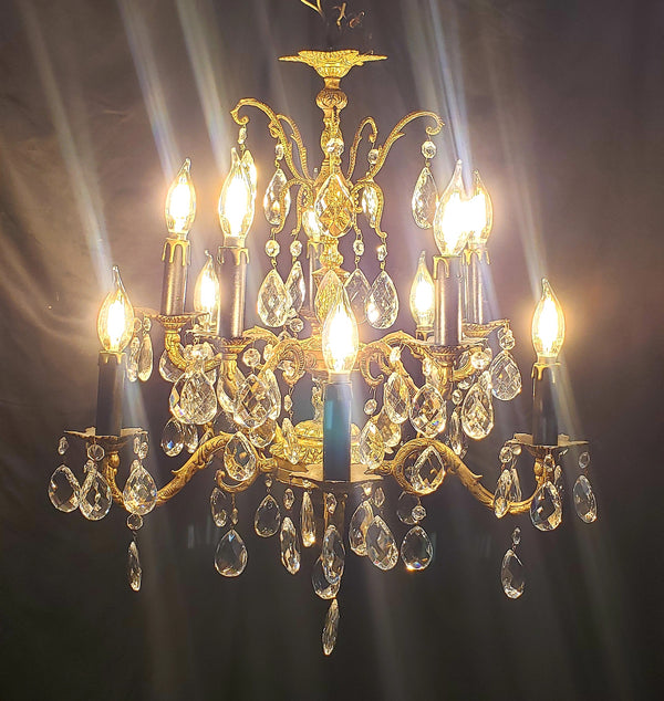 Ornate Brass 10 Light Chandelier with Crystal Prisms 22" x 24" GA4324