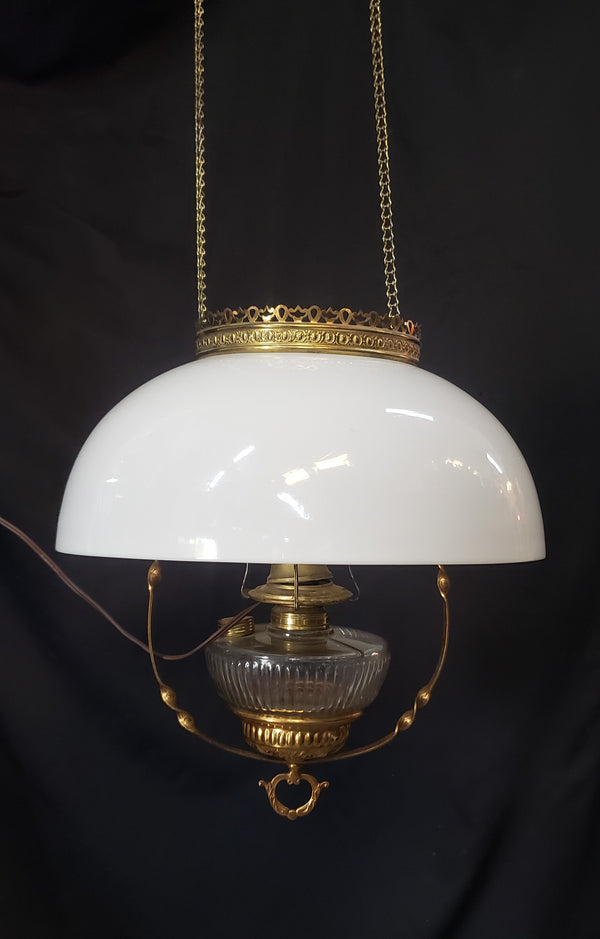 Victorian Hanging Oil Lamp Electrified with Milk White Shade GS00115