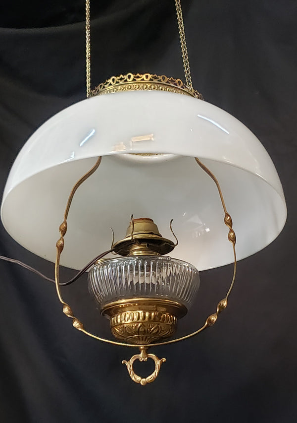 Victorian Hanging Oil Lamp Electrified with Milk White Shade GS00115