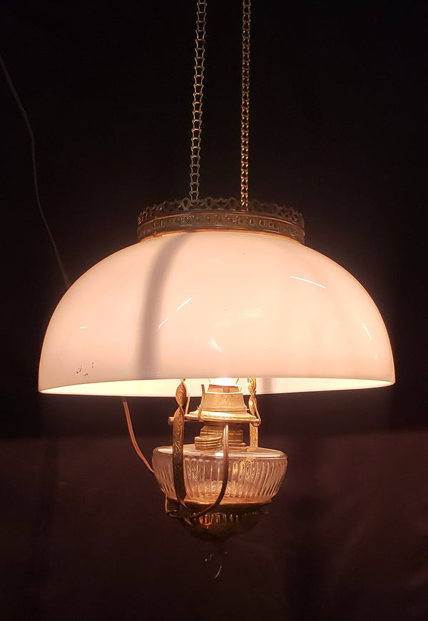 Victorian Hanging Oil Lamp Electrified with Milk White Shade GS00115