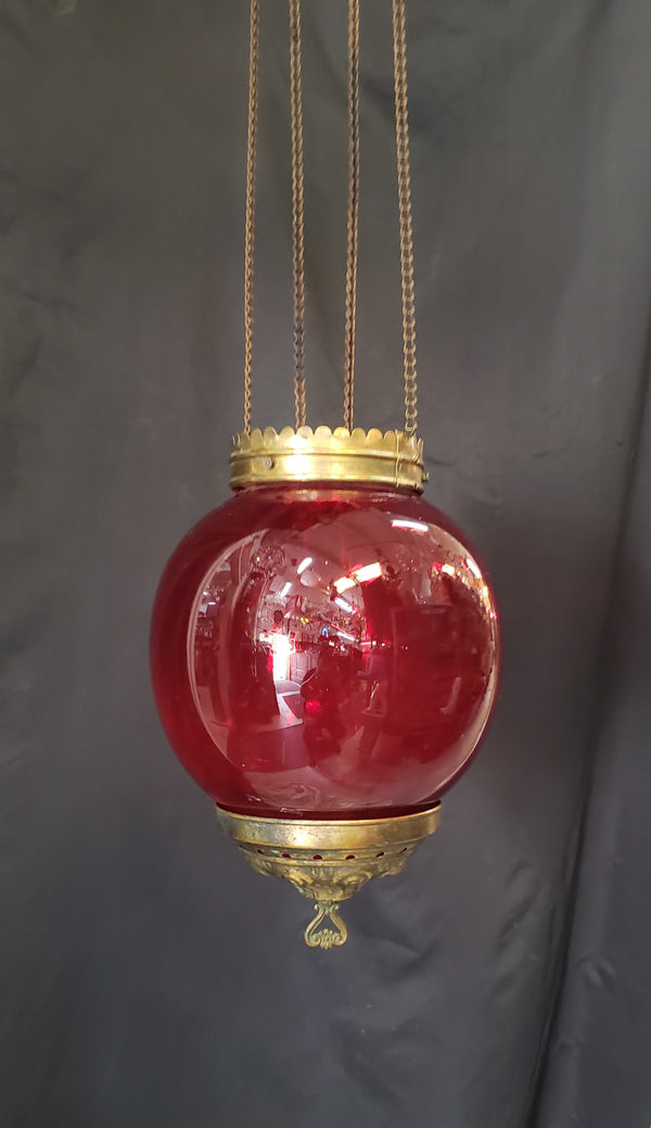 Victorian Hanging Oil Lamp with Cranberry Glass Globe & Brass Fitters GS00123