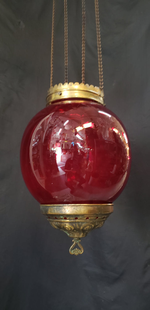 Victorian Hanging Oil Lamp with Cranberry Glass Globe & Brass Fitters GS00123