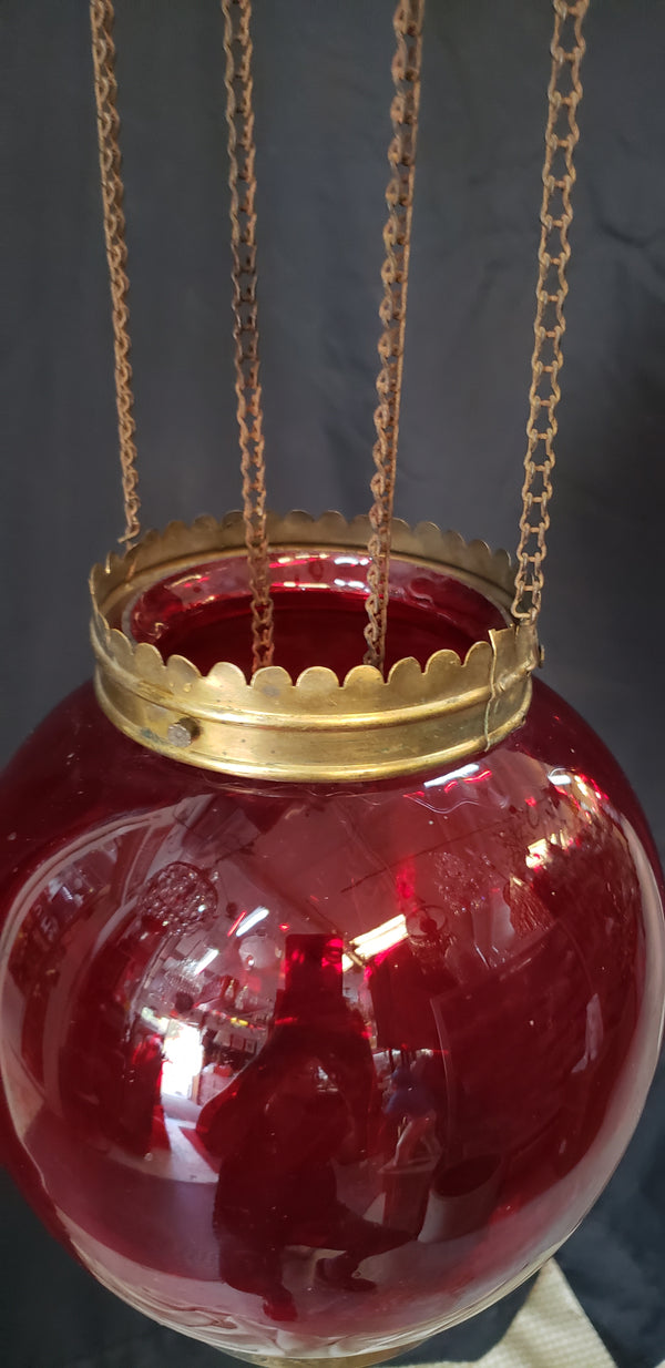 Victorian Hanging Oil Lamp with Cranberry Glass Globe & Brass Fitters GS00123