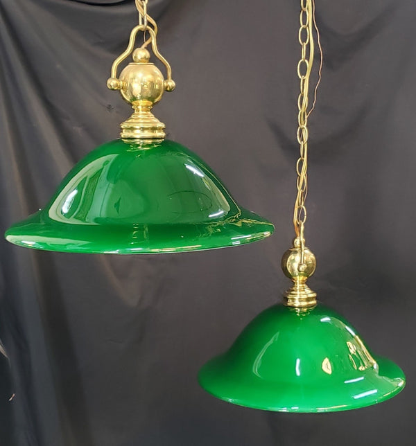 Pair of Large Green & White Cased Pendant Lights with Brass Trim GS00127