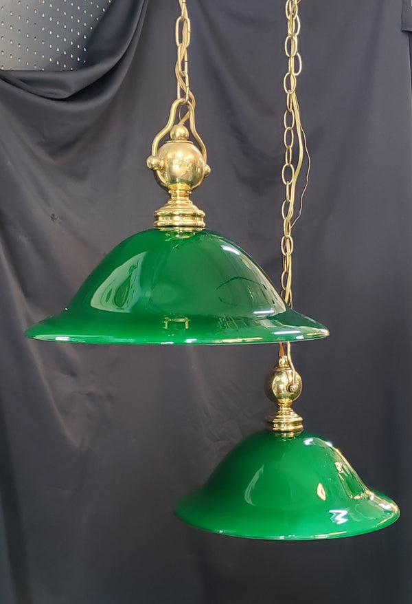 Pair of Large Green & White Cased Pendant Lights with Brass Trim GS00127