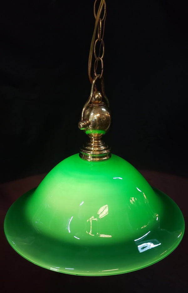 Pair of Large Green & White Cased Pendant Lights with Brass Trim GS00127