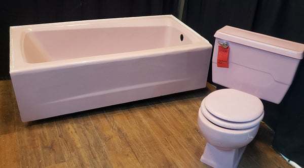 MCM Kohler Champagne Pink 5' Tub w/ Front Skirt Right Drain & Toilet Set GS00129