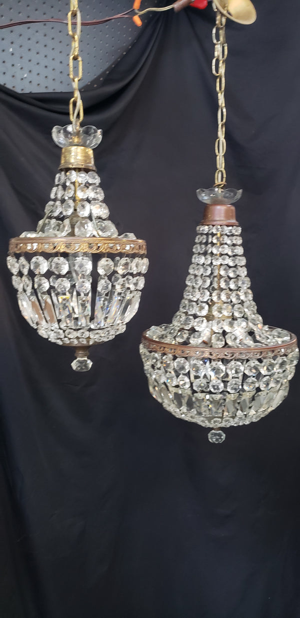 Pair of Matching Large & Small Faceted Crystal Prism Chandeliers GS00130