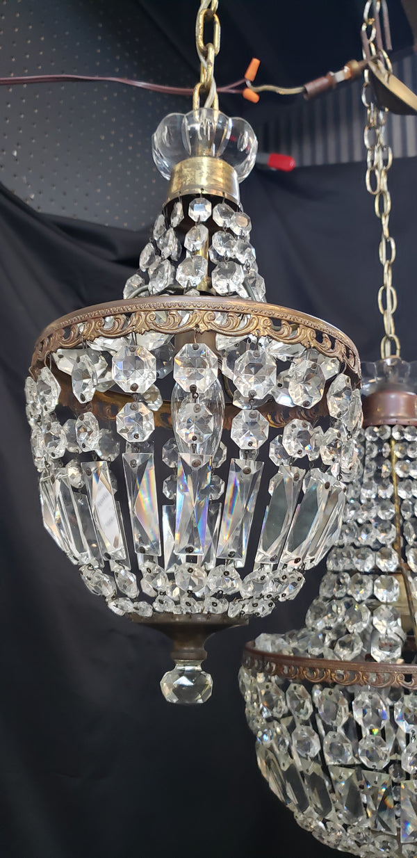 Pair of Matching Large & Small Faceted Crystal Prism Chandeliers GS00130