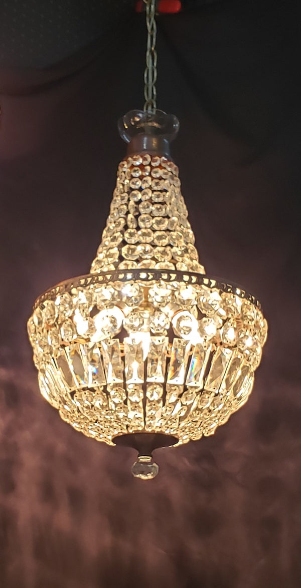 Pair of Matching Large & Small Faceted Crystal Prism Chandeliers GS00130