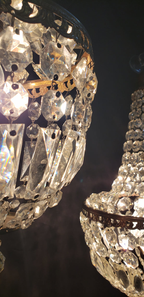 Pair of Matching Large & Small Faceted Crystal Prism Chandeliers GS00130