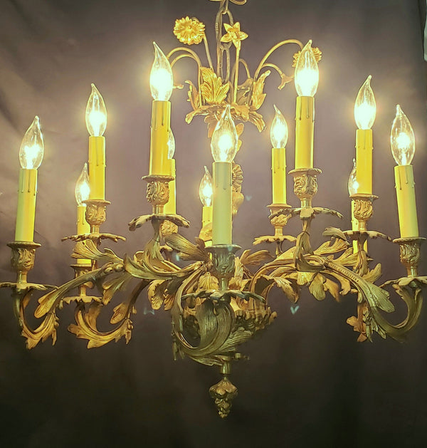 Early 1800's 12 Light Cast Brass Ornate Chandelier 26" x 24" GS00138