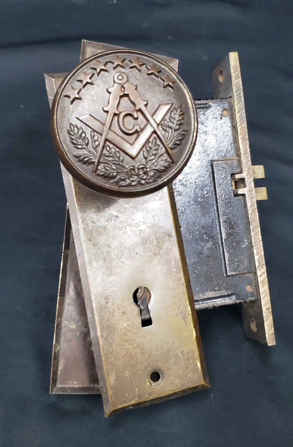 Circa 1909 Rare Masonic Lodge Free Mason Mortice Lock Set w/Ornate Knobs GS00163