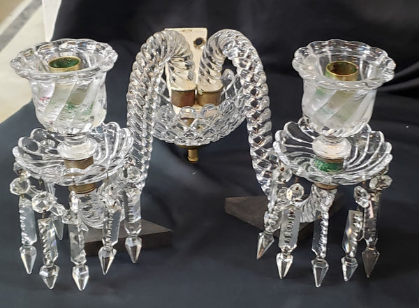 Vintage Pair of Faceted Crystal Glass Candle Sconces  16 1/2" x 7" x 10" GS00172