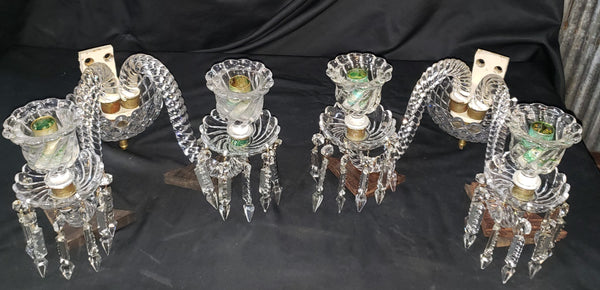 Vintage Pair of Faceted Crystal Glass Candle Sconces  16 1/2" x 7" x 10" GS00172