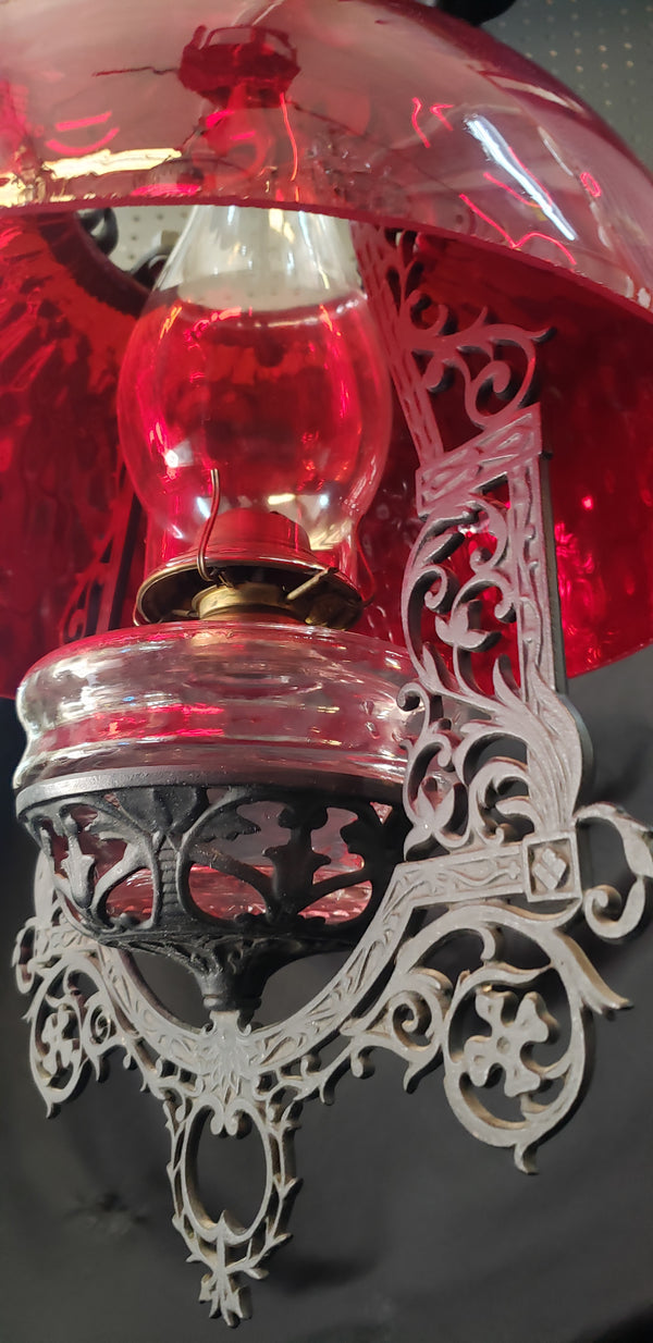 Victorian Hanging Oil Lamp with Cranberry Shade & Cast Iron Frame GS00178