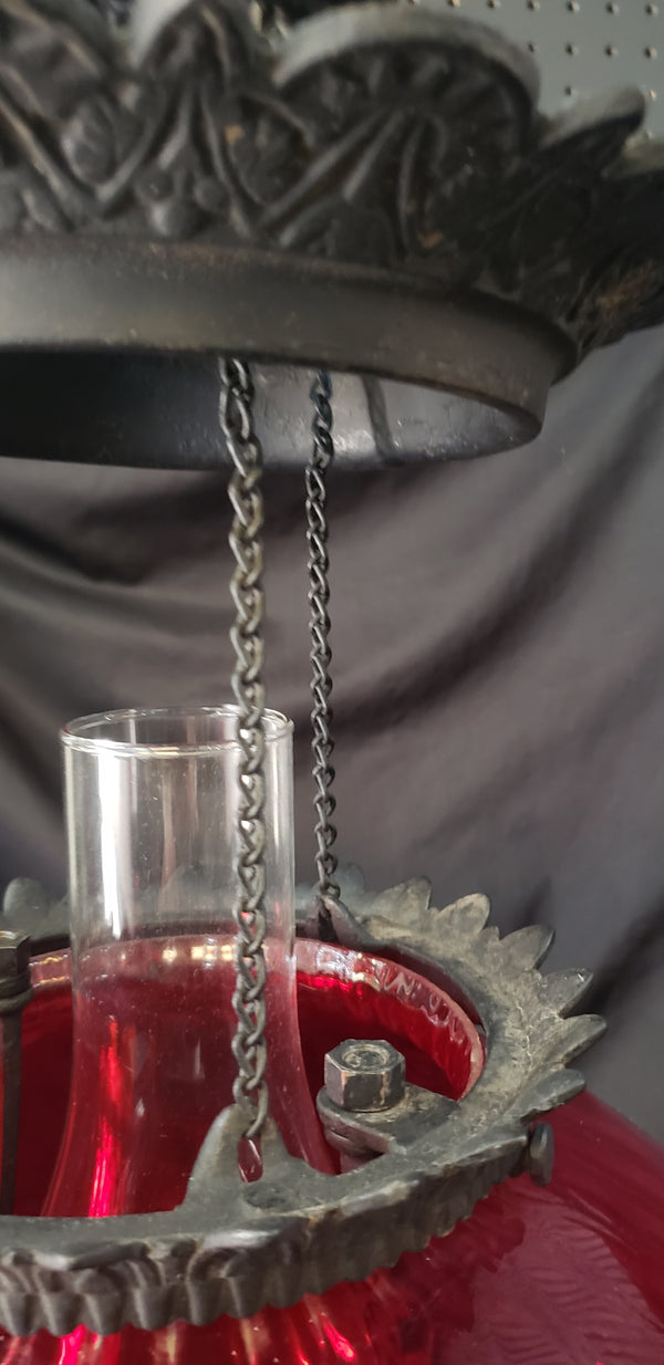 Victorian Hanging Oil Lamp with Cranberry Shade & Cast Iron Frame GS00178