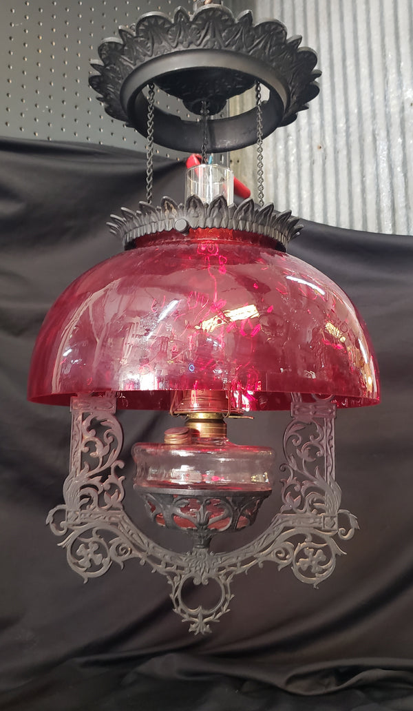 Victorian Hanging Oil Lamp with Cranberry Shade & Cast Iron Frame GS00178