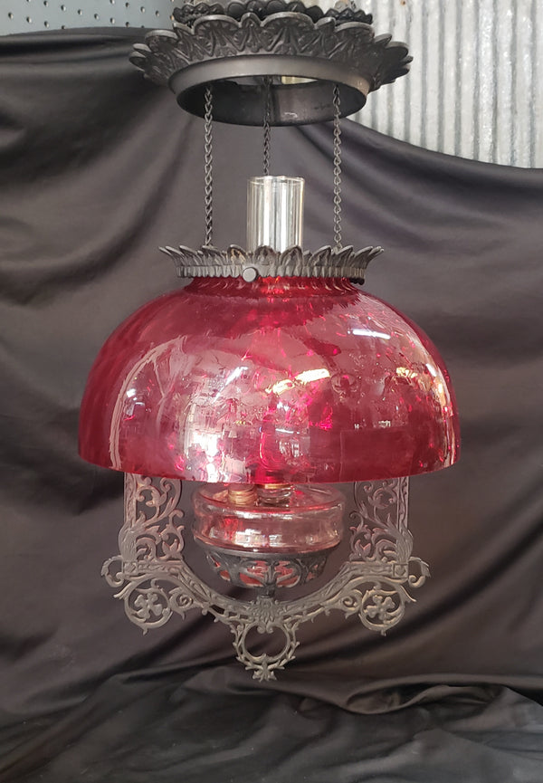 Victorian Hanging Oil Lamp with Cranberry Shade & Cast Iron Frame GS00178