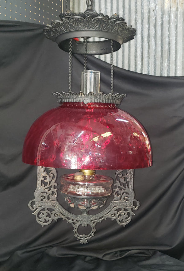 Victorian Hanging Oil Lamp with Cranberry Shade & Cast Iron Frame GS00178