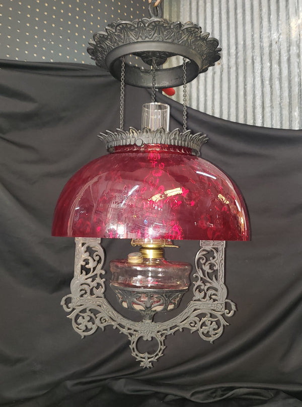 Victorian Hanging Oil Lamp with Cranberry Shade & Cast Iron Frame GS00178