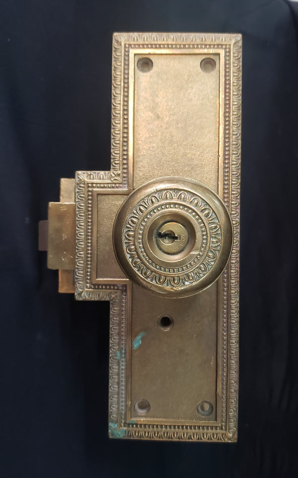 Late 1800's Ornate Brass Door Knobs & Back Plates w/ Lock 9" x 3" GS00186