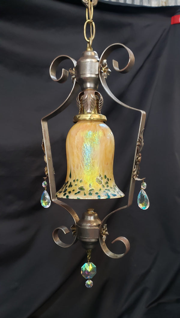 Ornate Brass & Iron Pendant Light Fixture with Art Glass Shade 24" x 9" GS00190